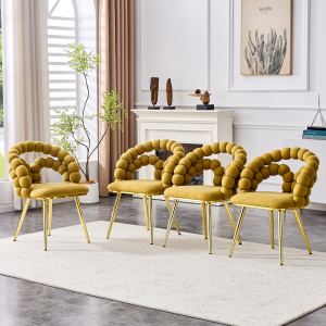 4 chaises salle à manger velours jaune, pieds dorés, modernes