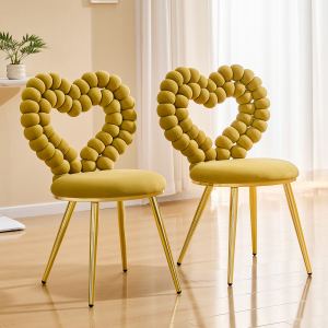 Ensemble 2 chaises accent cœur, velours jaune, cadre métal or