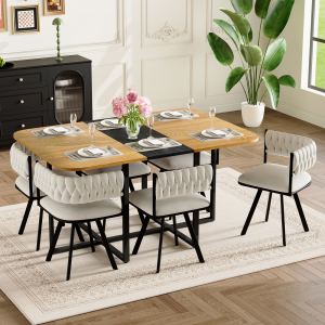 Ensemble table salle manger 7 pièces, 6 chaises beige