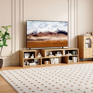 Meuble télé modulaire bois clair, console média réglable, entreposage ouvert