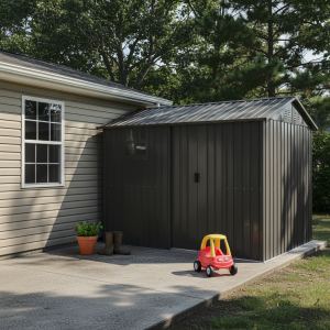Remise rangement acier galvanisé 8x6pi, porte coulissante fenêtre noire