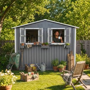Remise rangement extérieure métal 9x6 pi avec fenêtre, portes double, gris