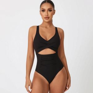 Maillot femme côtelé découpe croisée, contrôle ventre, taille haute