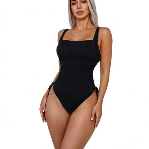 Maillot femme côtelé encolure carrée, taille haute, noué côté, noir