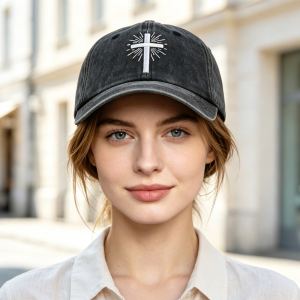 2pcs Casquette Baseball Coton Lavé Brodée Croix Noire, Chapeau Soleil Foi