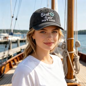 Boat Hair Don't Care Embroidered Baseball Cap, Vintage Washed Distressed Cotton Hat With Ship Wheel Embroidery For Women Boating Fishing Beach