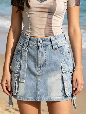 Jupe crayon cargo denim bleu lavé femme multipoches