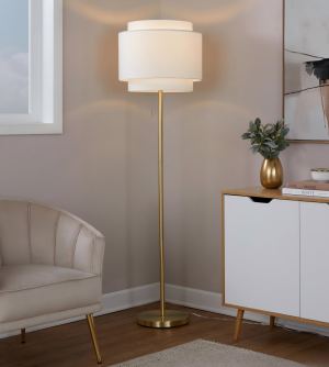 Lampadaire Tier 64po contemporain métal doré abat-jour lin
