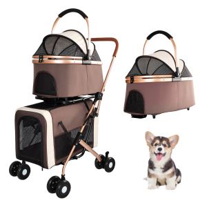 Poussette double chat/chien 3-en-1 pliable convertible freins