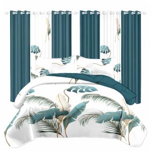 Ensemble courtepointe tropical 9 pièces rideau feuille palmier