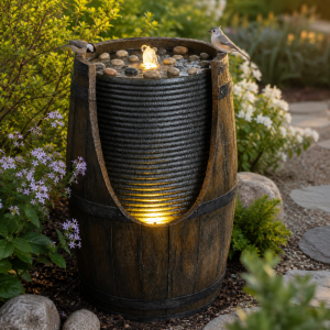 Fontaine tonneau oiseau LED résine campagne