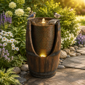 Fontaine tonneau bois résine cascades lumières