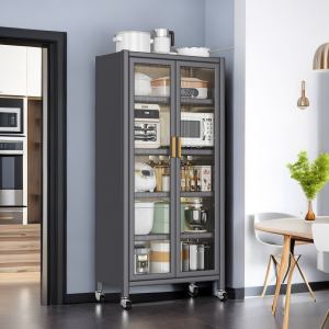 Armoire de cuisine grise ouverte, unité de rangement multicouche pour micro-ondes