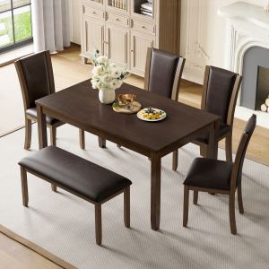 Ensemble salle à manger 6 pcs avec banc, rustique, noyer foncé