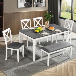 Table salle à manger 6 pièces banc gris blanc