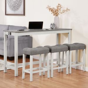 Ensemble table bar 4 mcx prise courant 3 tabourets rembourés blanc gris