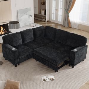 L-Shaped Sofa with Pull Out Sofa Bed, Sleeper Sofa Couch Bed with Storage Seat, 5 Seat Sectional Sofa Bed with USB, Sectional Sofa Couch for Living Room, Apartment, Charcoal Grey