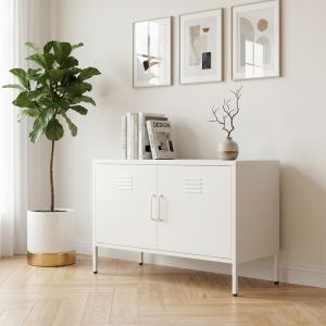 Armoire de rangement métal blanc 2 portes avec jambes et ventilation
