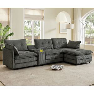 Canapé L corduroy 119po, 4 places, console, gris
