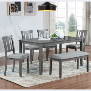Ensemble cuisine 6 pièces, table rectangulaire, 4 chaises, banc, gris