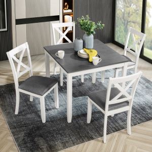 Set salle à manger 5 pièces bois moderne, table 2 tons gris blanc