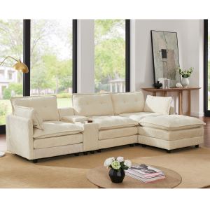 Sofa sectionnel L 119" corduroy, console USB, beige