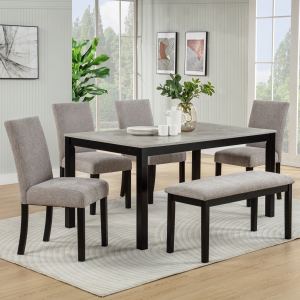 Table repas 6 pc, bois massif, effet béton, 4 chaises, gris/noir
