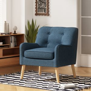Fauteuil mid-century moderne capitonné, tissu, pieds bois massif