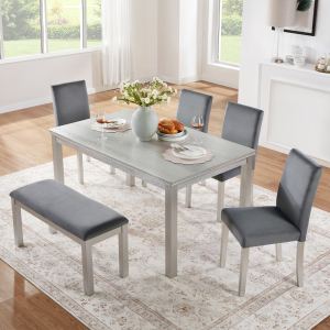 Ensemble table salle à manger 6 places bois, 4 chaises, banc