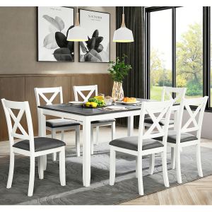Ensemble table & 6 chaises bois massif 58,5po gris & blanc