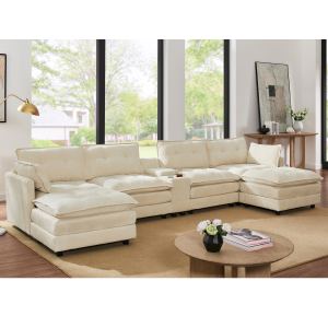 Sectionnelle nuage 154" U - 6 places, velours, console USB beige