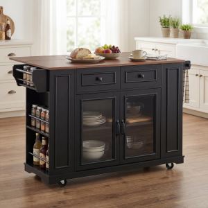 Îlot cuisine mobile 54 po, portes verre, prises, tablettes