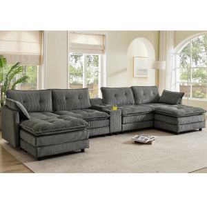 Canapé nuage sectionnel 154po gris, console USB, 6 places
