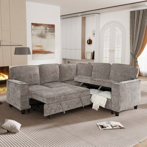 Canapé sectionnel lit 5 places rangement USB brun clair