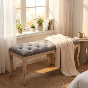 Banc chambre style français, bout de lit capitonné, 43.3", bois vieilli