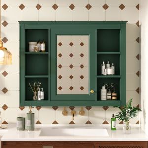 35'' x 28'' Medicine Cabinet, Wall Mounted Bathroom Storage Cabinet, Modern Bathroom Wall Cabinet with Mirror, Mirror Cabinet with 6 Open Shelves (Not Include Bathroom Vanity )