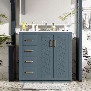 Meuble lavabo 36", céramique, bois massif, 3 tiroirs