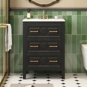 Meuble vanité 24 po, céramique, 3 tiroirs, blanc