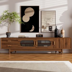 Meuble TV 78" portes verre cannelé bois massif