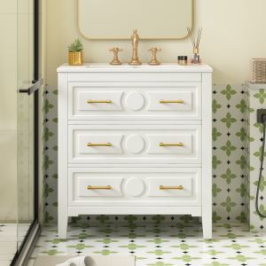 Meuble vanité 30 po, céramique, 3 tiroirs, blanc, bois massif