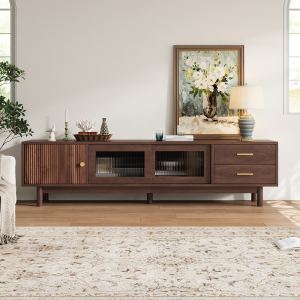 Meuble télé 70po mid-century moderne 80po portes verre 2 tiroirs