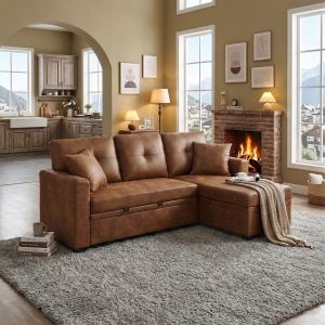 Sofa convertible sectionnel lit, méridienne réversible, brun clair