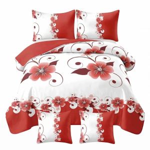 Ensemble couette 5 pièces rouge blanc floral réversible lin