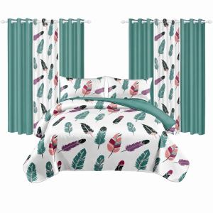 Ensemble literie 9 pcs plume boho bleu teal rideau