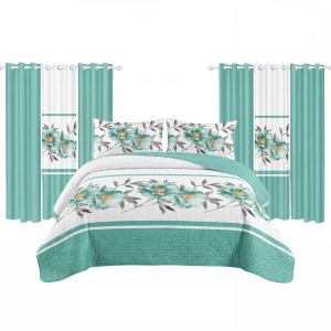 Ensemble literie 9 pcs teal botanique floral rideau