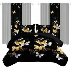 Ensemble literie 9 pcs noir or papillon rideau