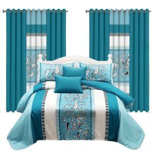 Ensemble literie 9 pcs turquoise paisley rideau