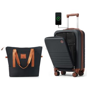 Valise cabine 20po ouverture avant expandable USB noir brun
