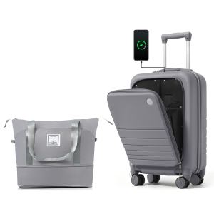 Bagage cabine 20po ouverture avant, ensemble 2 valises ABS gris