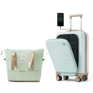 Bagage cabine 20po ouverture avant, ensemble 2 valises ABS gris-vert